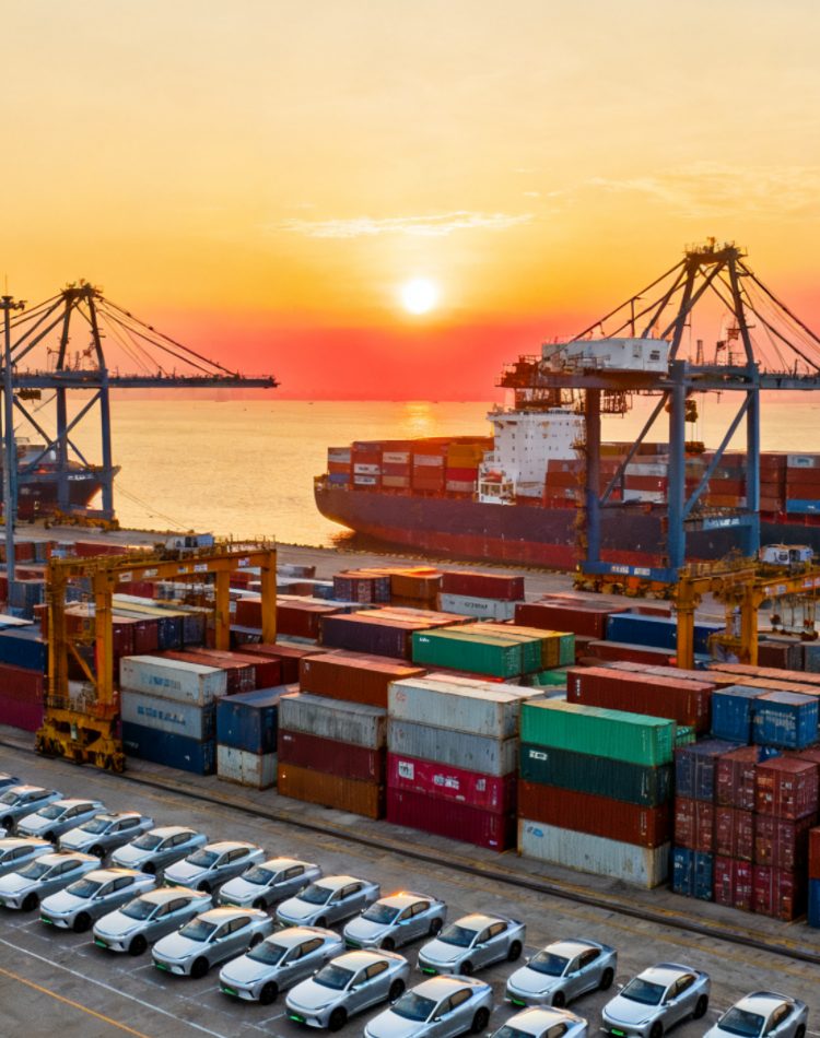 Wheelsboy Car Export Services | Mobile View of Port with Shipping Containers and EVs for International Trade