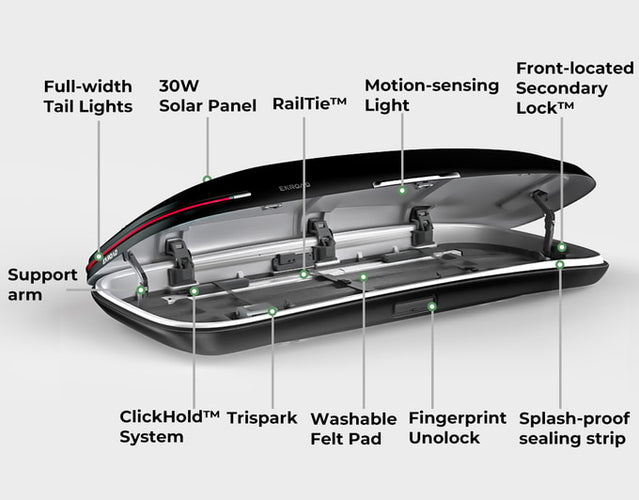 Wheelsboy Select ENROAD Roof Box is packed with advanced features: Full-width Tail Lights for visibility, 30W Solar Panel for power, RailTie™ for organized storage, Motion-sensing Light for dark access, Front-located Secondary Lock™ for security, Support arm for structural integrity, ClickHold™ System for easy installation, Trispark tech, Washable Felt Pad for convenience, Fingerprint Unlock for smart access, and Splash-proof sealing strip for weather resistance. A roof box that redefines what’s possible in