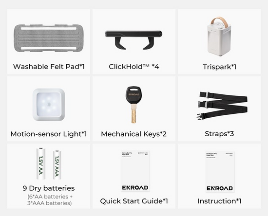 Wheelsboy Select ENROAD Roof Box includes a full suite of accessories: Washable Felt Pad, ClickHold™ fasteners, Trispark power hub, motion-sensor light, mechanical keys, straps, batteries, and guides. Everything you need for quick setup and versatile outdoor use is included in the box.